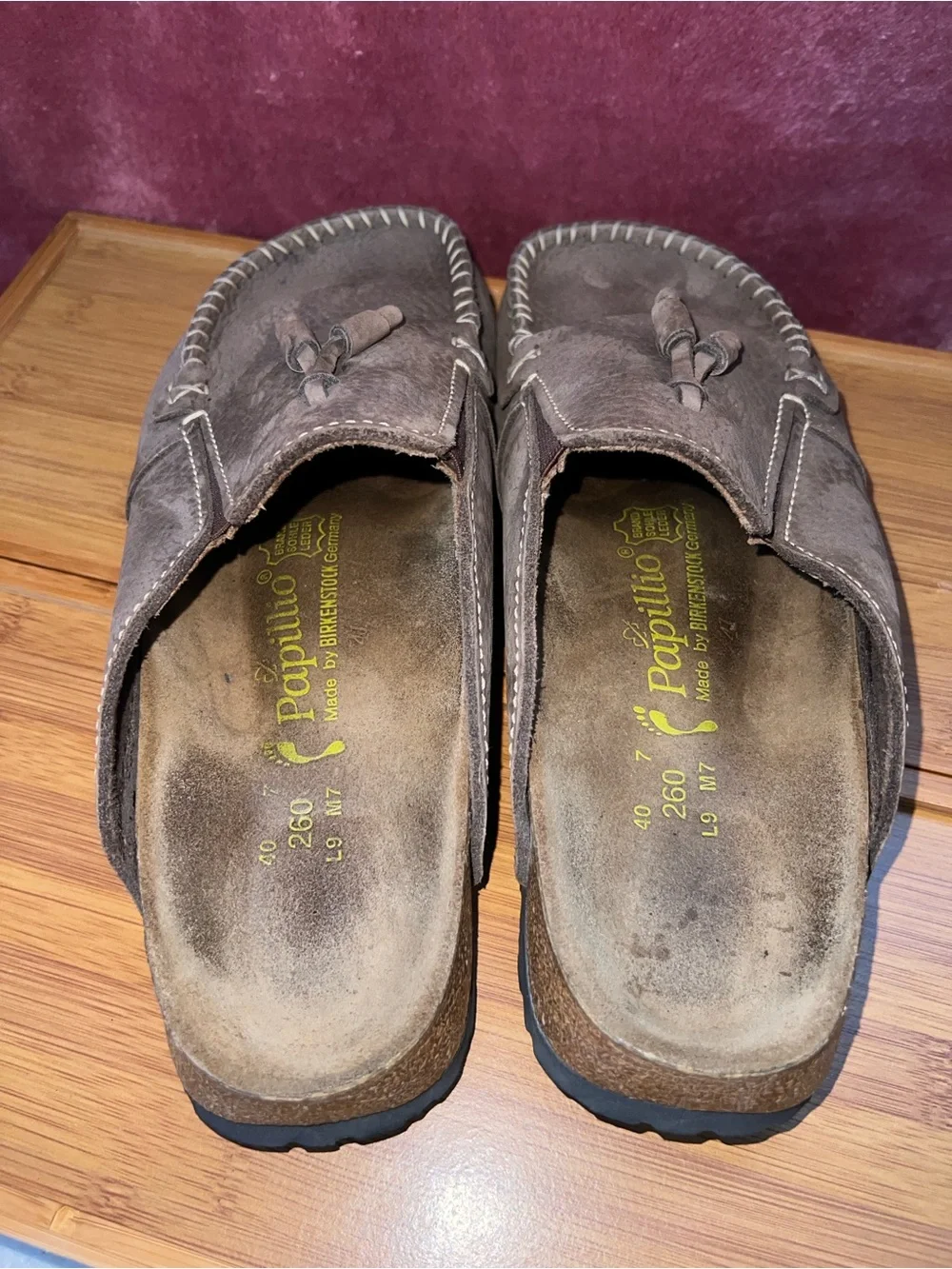 Papillio Birkenstock Leather Mule Clog Brown Tassle Whipstitch - Picture 4 of 10